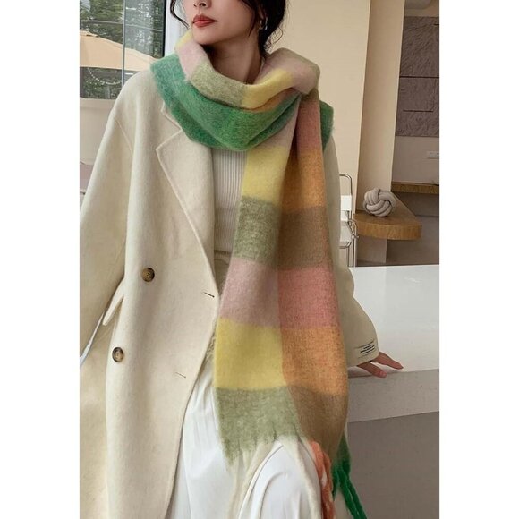 Women's Green Pink Winter Warm Long Shawl Cold Weather Thick Blanket Scarf - Picture 2 of 4